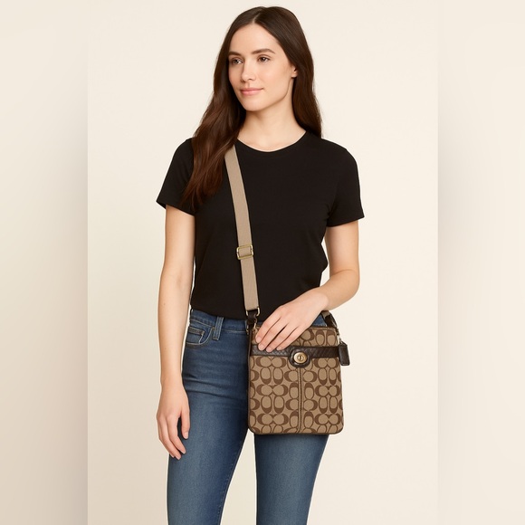 Coach Handbags - Coach Signature Turnlock Swingpack‎ Crossbody | Canvas & Leather Trim